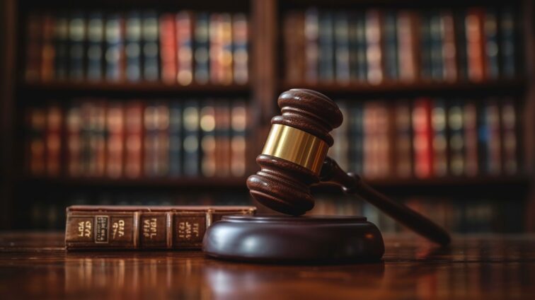 A photo of a gavel on a table inside a library, symbolizing legalities.