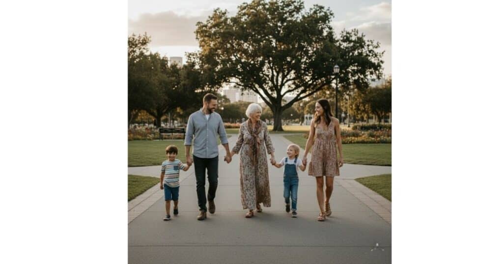 Three-generational family walking happily and in good relationship