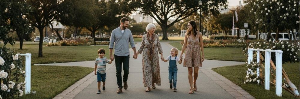 Three generations holding hands - grandparent, parent, and child walking together symbolizing family unity and connection