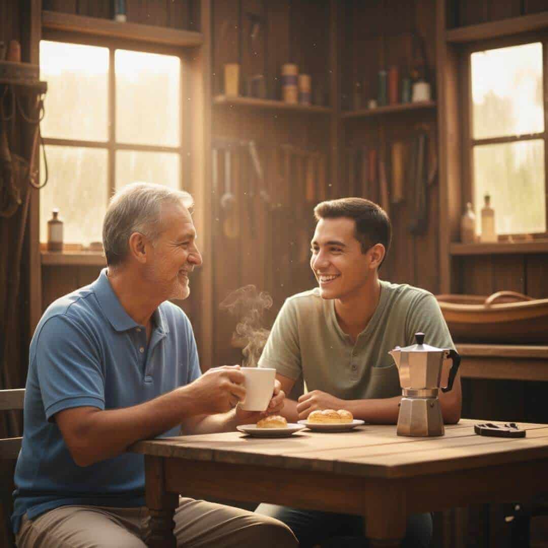 Grandparent and adult child having meaningful conversation over coffee, building strong intergenerational relationship