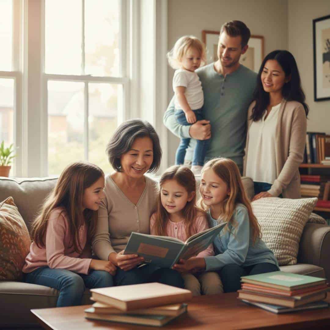 Grandparent reading to grandchildren while parent watches approvingly in background