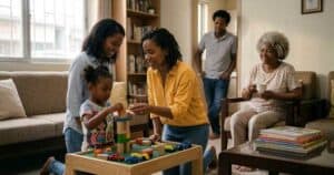 Grandparent observing grandchild play while respecting parent's supervision role