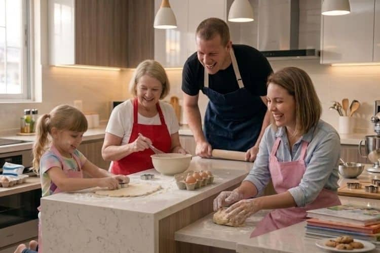 Three generations of family laughing together showing healthy grandparent-parent-grandchild dynamic.