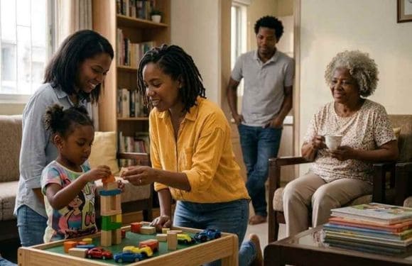Grandparent observing grandchild play while respecting parent's supervision role