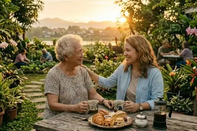 a grandparent and adult child talking calmly over coffee or at a kitchen table