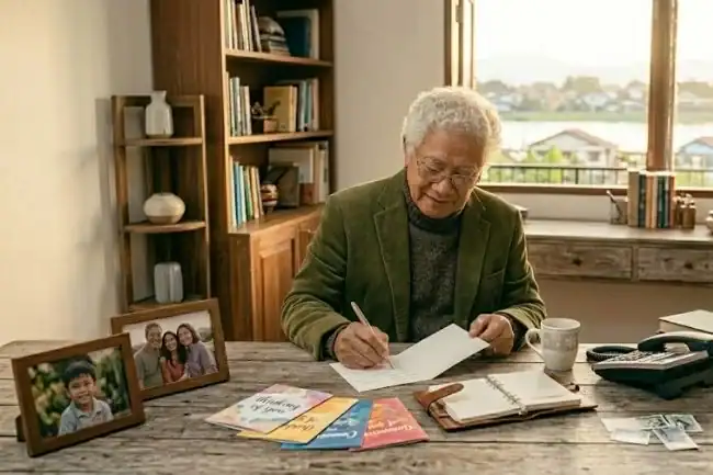 a grandparent writing a card, sending a text, or making a phone call to show intentional connection