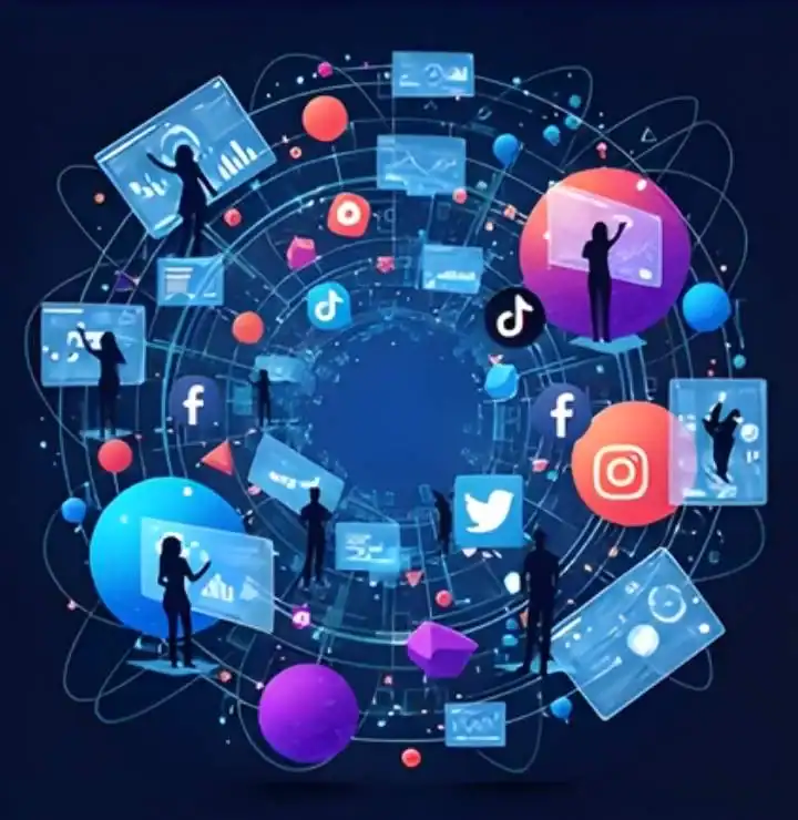 Viral social media post illustration with multiple platform icons, user engagement symbols, and connected digital screens showing how a grandparenting message spread across TikTok and Instagram.