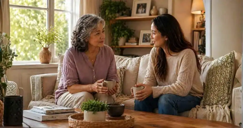 Grandparent and daughter-in-law building trust and connection over coffee