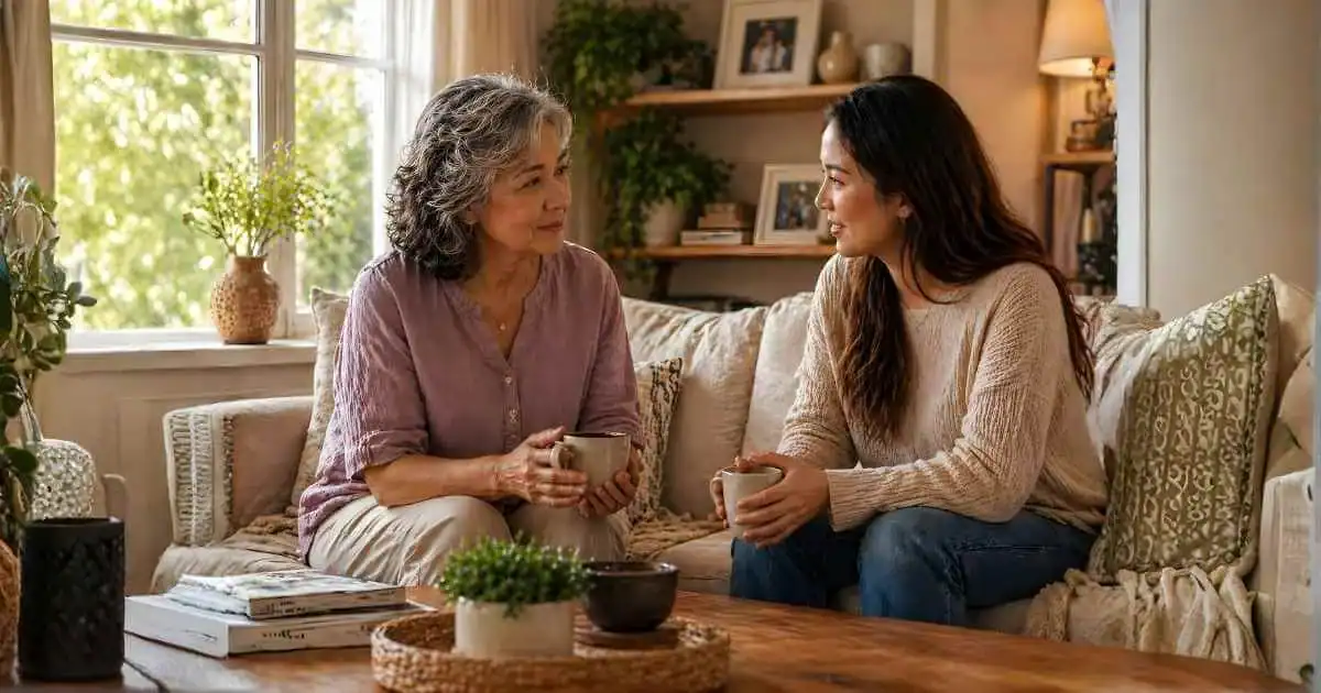 Grandparent and daughter-in-law building trust and connection over coffee
