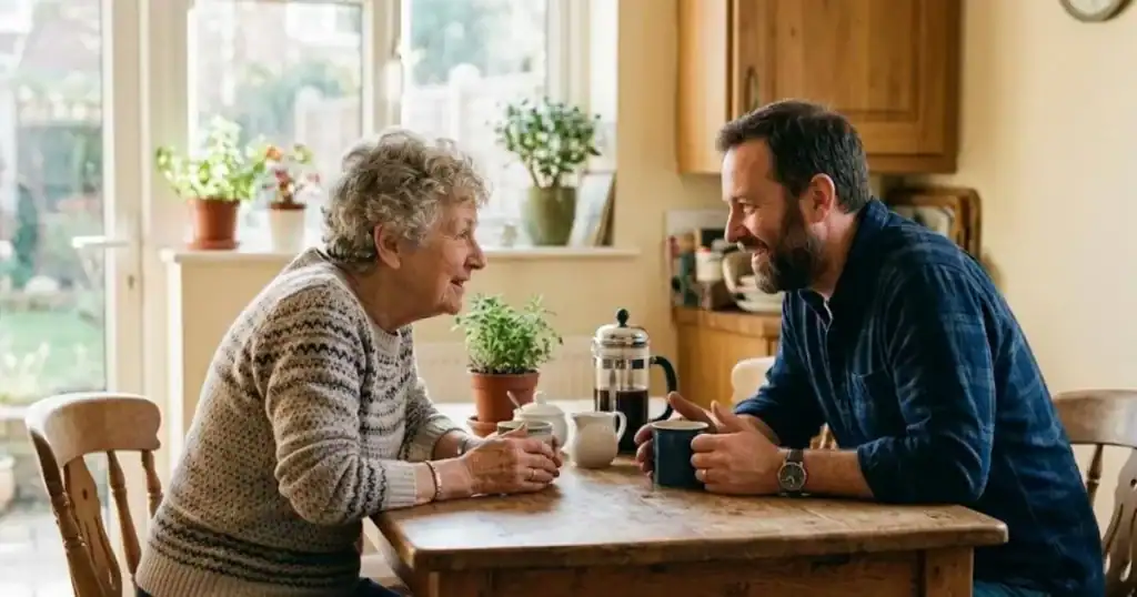 Grandparent and adult child having an open conversation about family connection