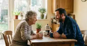 Grandparent and adult child having an open conversation about family connection