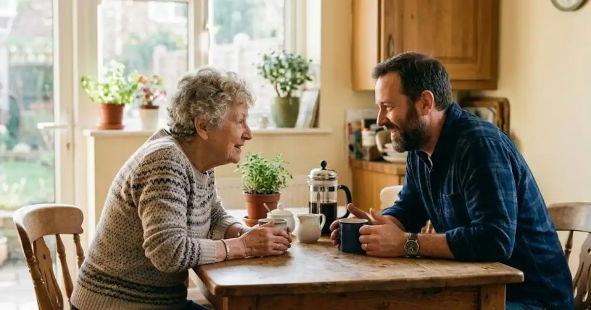 Grandparent and adult child having an open conversation about family connection
