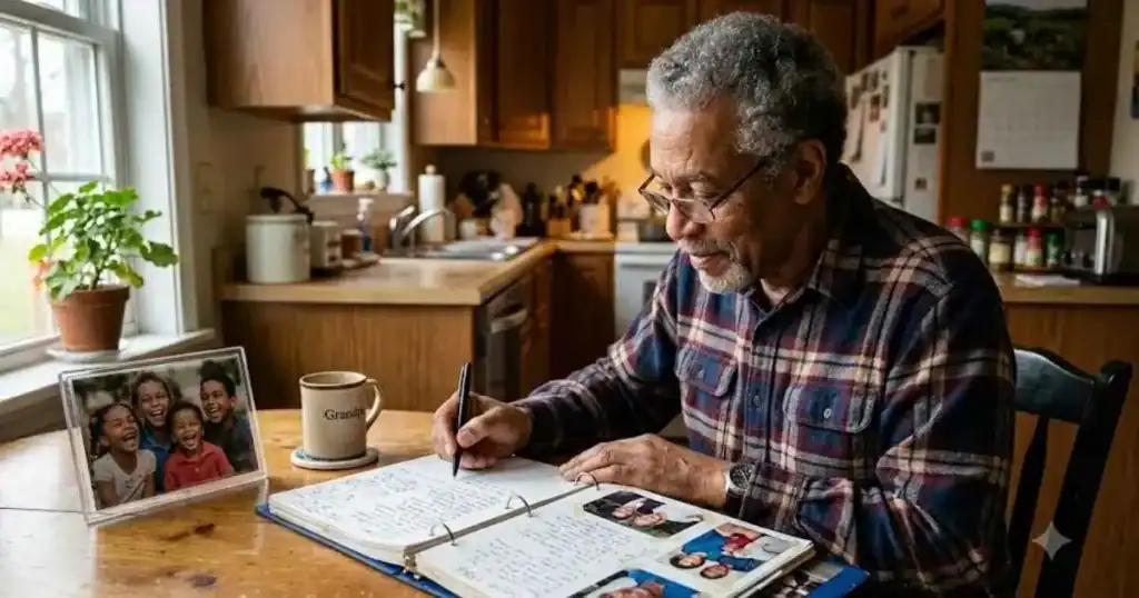 A grandfather sitting at a kitchen table, writing in a binder or notebook with photos and handwritten notes visible. Warm, natural light. Conveys intention and care without being staged.