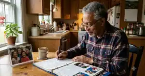 A grandfather sitting at a kitchen table, writing in a binder or notebook with photos and handwritten notes visible. Warm, natural light. Conveys intention and care without being staged.