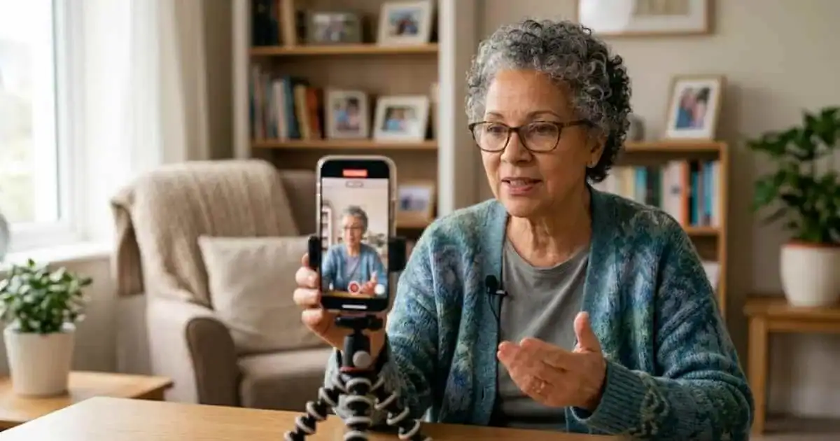 Grandparent recording a video message about grace, parenting, and encouragement for families.