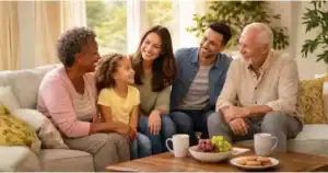 Grandparents, parents, and granddaughter sharing a joyful family gathering in a living room, illustrating meaningful grandparenting relationships and intergenerational family bonding.