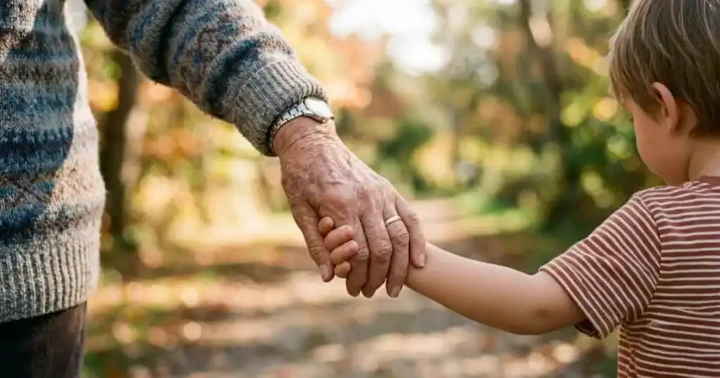 A close-up of a grandparent and grandchild holding hands, representing love and influence without control.
