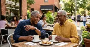 Two older grandfathers laughing together over coffee, representing community and collaboration.